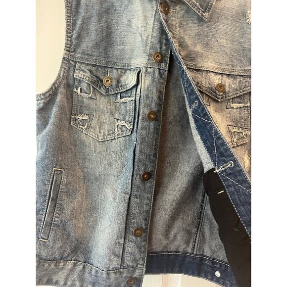 Carbon Women Large Blue Distressed Denim Vest Sleeveless Y2K Grunge Biker Summer - Picture 8 of 8
